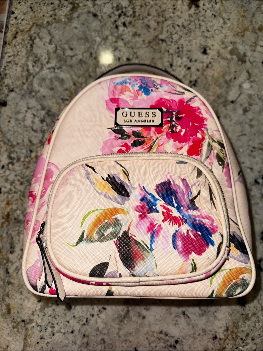GUESS Pink Floral Mini Backpack with Multicolor Bloom Print